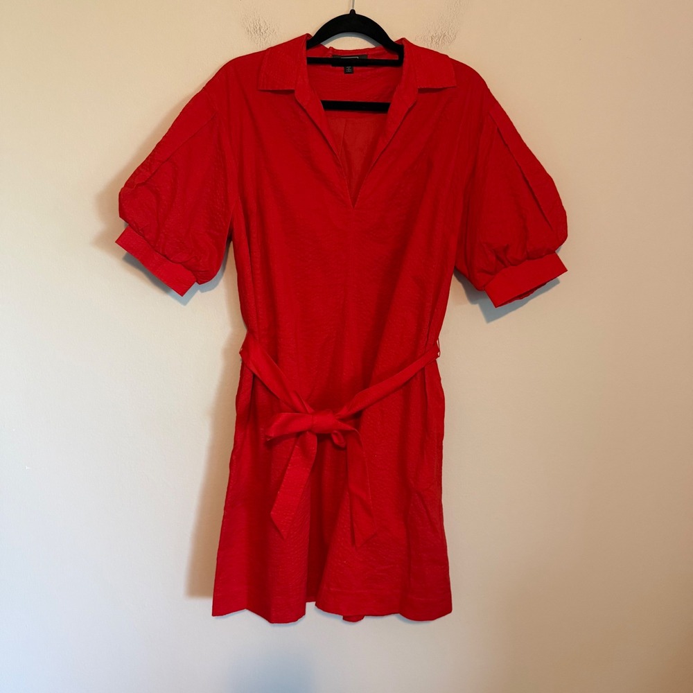 AYR Solstice Collared Seersucker Puff Sleeve Dress red S preppy classic holiday